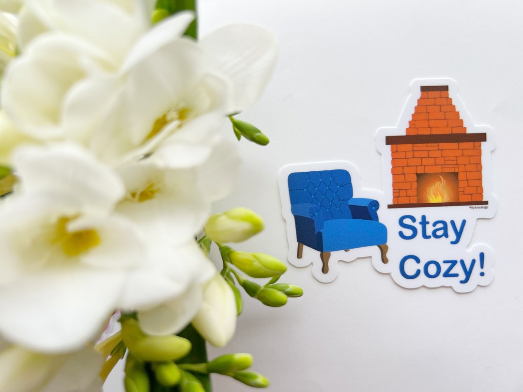 Stay Cozy Vinyl Sticker, Fireplace and Blue Chair, Waterproof - Etsy