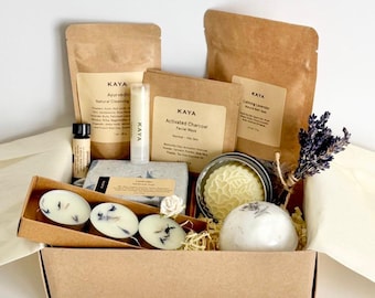 Set de regalo de spa ayurvédico hecho a mano: caja de autocuidado, bomba de baño, jabón, aceite (lavanda).