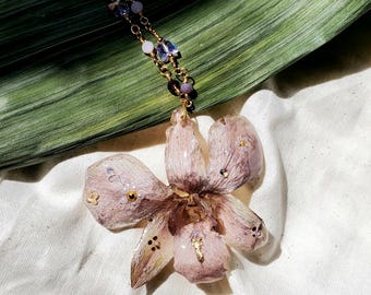 Real Orchid Flower Necklace – Nature-Inspired Resin Pendant – Handmade Botanical Gift