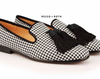 Resso + Roth Men's Houndstooth Loafers Belgian Loafers Tassel Loafers Slip-on Loafer Velvet Loafers
