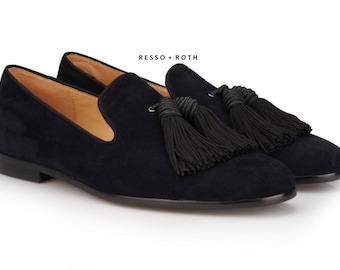 Resso + Roth Men's Black Suede Loafers Belgian Loafers Tassel Loafers Slip-on Loafer Black Velvet Loafers