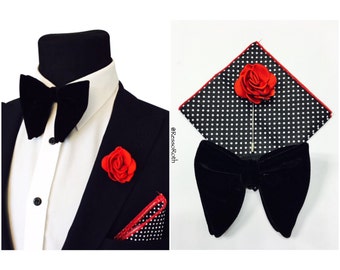 Oversized Wedding Bowtie - Black Velvet bowtie + Pocket Square + Lapel Pin