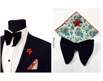 Oversized Wedding Bowtie - Black Velvet bowtie + Pocket Square + Lapel Pin