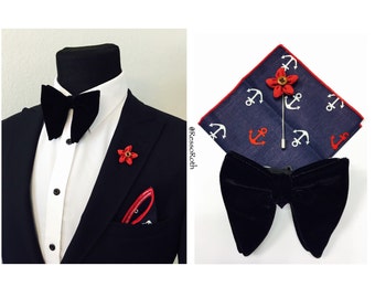 Butterfly bow tie - Black Velvet bowtie, Mens big bow tie, Tom Ford inspired bowtie w/ Pocket Square and Lapel Pin