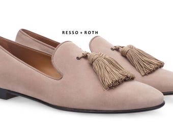 Resso + Roth Men's Tan Velvet Loafers Belgian Loafers Tassel Loafers Slip-on Loafer Tan Velvet Loafers