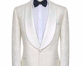 Premium Embroidered Cream White Peak Lapel Tuxedo - wedding, evening, prom, cocktail, party, suit, tuxedo