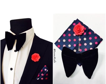 Oversized Wedding Bowtie - Black Velvet bowtie + Pocket Square + Lapel Pin