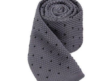 Grey Knit Necktie Polka Dot Tie Mens Knitted Tie Skinny Tie Wedding Necktie Gift for Men Skinny Knitted Tie Knit