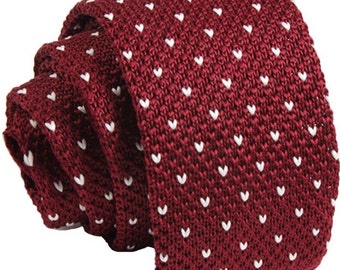 Maroon Knit Necktie with White Poker Dots.Gift for Men.Skinny Knitted Tie. Knit Wedding Neckties