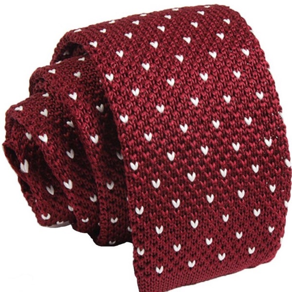 Maroon Knit Necktie with White Poker Dots.Gift for Men.Skinny Knitted Tie. Knit Wedding Neckties