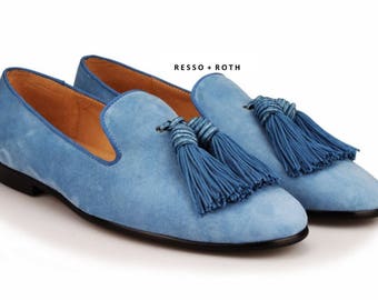 Resso + Roth Men's Blue Suede Loafers Belgian Loafers Tassel Loafers Slip-on Loafer Blue Velvet Loafers