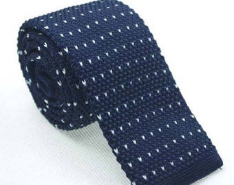 Navy Blue Knit Necktie Polka Dot Tie Mens Knitted Tie Skinny Tie Wedding Necktie Gift for Men Skinny Knitted Tie Knit