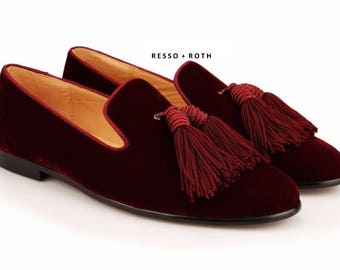 Resso + Roth Men's Burgundy Velvet Loafers Belgian Loafers Tassel Loafers Slip-on Loafer Burgundy Velvet Loafers