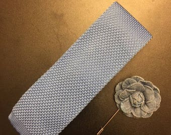 Mens tie. Lapel Pin. Necktie and Lapel Pin Set. Skinny Tie. Knit tie. Blue Tie