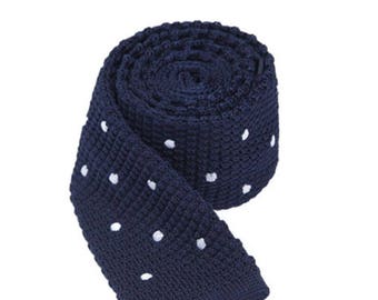 Navy Blue Knit Necktie Polka Dot Tie Mens Knitted Tie Skinny Tie Wedding Necktie Gift for Men Skinny Knitted Tie Knit