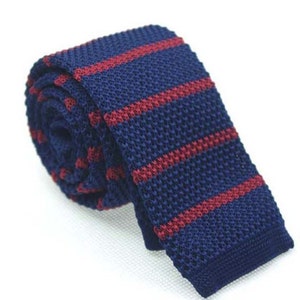 Navy Blue Knit Necktie with Red Stripes.Gift for Men.Skinny | Etsy