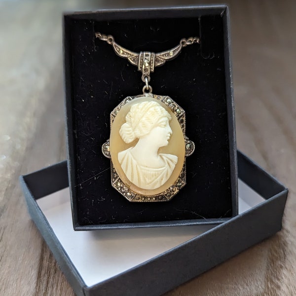 ANTIQUE 1920s CAMEO Necklace, Sterling Silver with Real Carved Shell and Marcasite Detailing