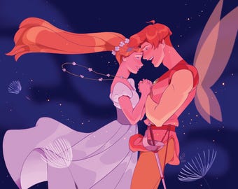 May include: A digital illustration of two figures facing each other against a dark blue starry sky. One figure has long flowing orange hair, a white dress, and a floral crown. The other figure has short orange hair, wings, and a sword.