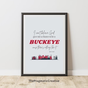 May include: A printable quote about the Ohio State Buckeyes, featuring a red and gray cityscape silhouette. The quote reads "I can't believe God gave me a chance to be a BUCKEYE cause there's nothing like it." - Jim Tressel.