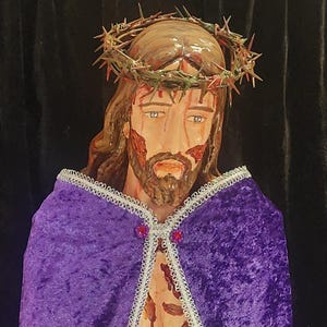 Hand-Painted 36&quot; Scourged Jesus statue. Comes with Crown of Thorns, Rope around His wrist and a &quot;Glorified&quot; Scarlet/Purple Cloak.