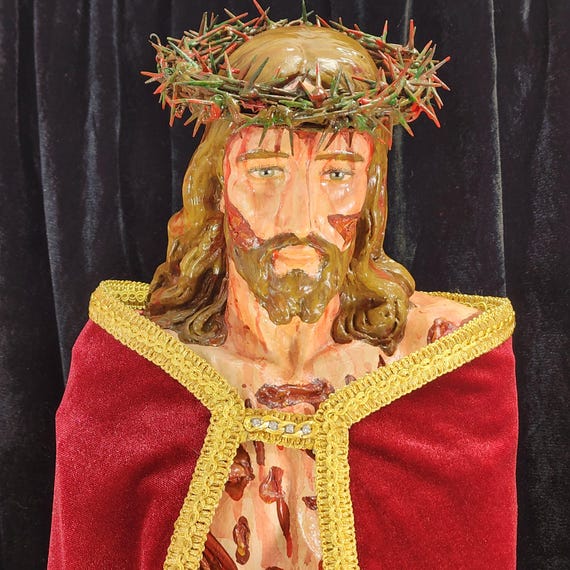 Hand-Painted Scourged Jesus Fiberglass Statue 36" with crown of thorns and cloak