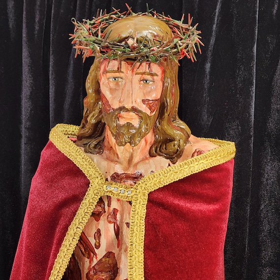 Hand-Painted Scourged Jesus Fiberglass Statue 36" with crown of thorns and cloak