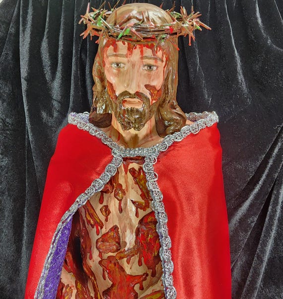 Hand-Painted 36" Scourged Jesus Statue: Crown of Thorns, Reversible Cloak, Rope.