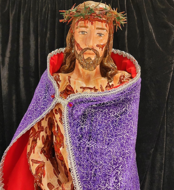 36" Scourged Jesus with "Glorified" Purple/Scarlet Red Cloak. Ask about possible free shipping