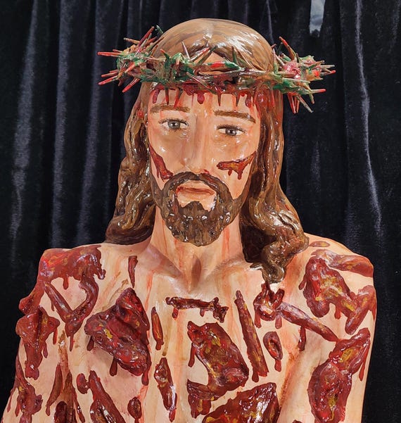 36" Scourged Jesus with "Glorified" Purple/Scarlet Red Cloak.