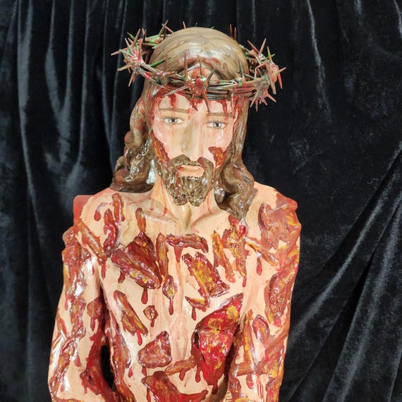 Hand-Painted 36" Scourged Jesus Statue: Crown of Thorns, Reversible Cloak