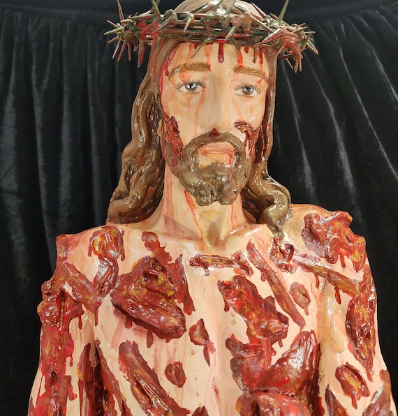 Hand-Painted 36" Scourged Jesus Statue: Crown of Thorns, Reversible Cloak