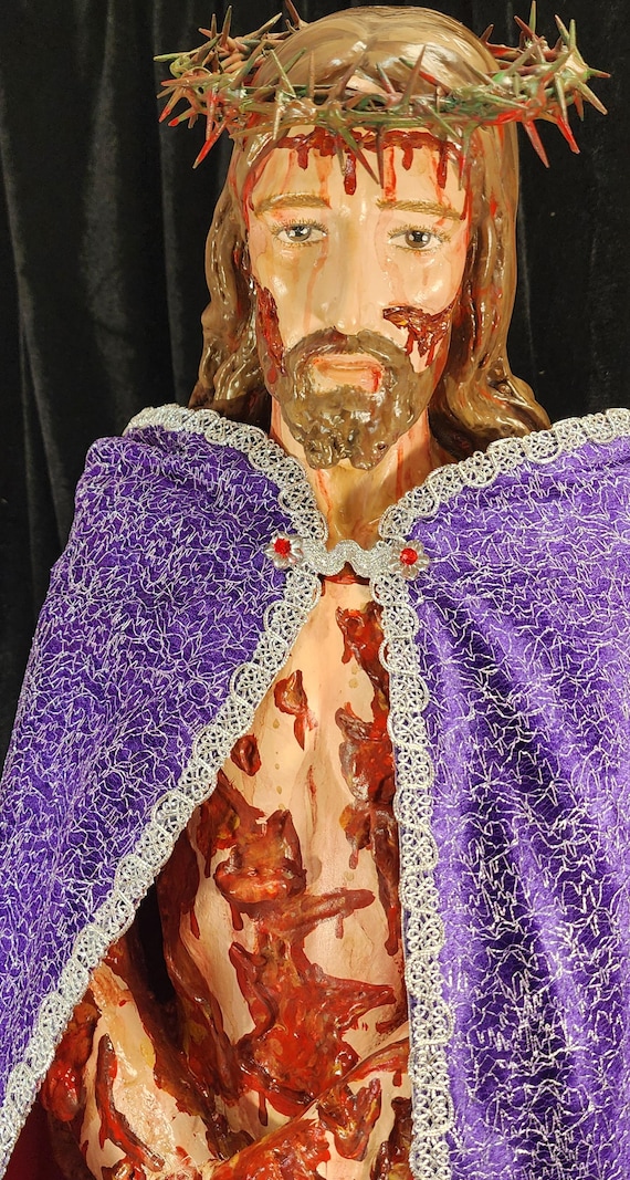 Hand-Painted 36" Scourged Jesus Statue: Crown of Thorns, Reversible Cloak