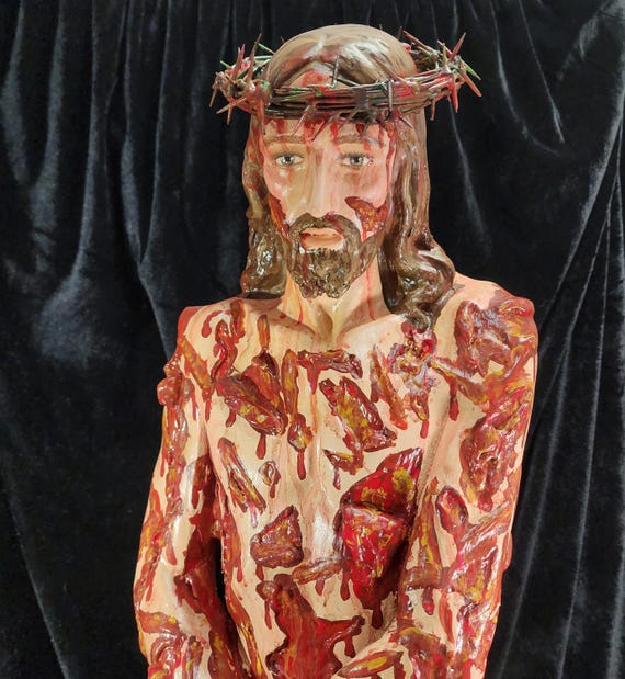 Hand-Painted 36" Scourged Jesus Statue: Crown of Thorns, Reversible Cloak