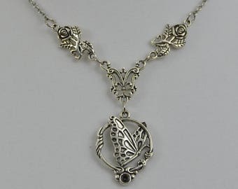 Elven Butterfly Necklace - Lady of the Vale - elegant, silver, roses, scrollwork