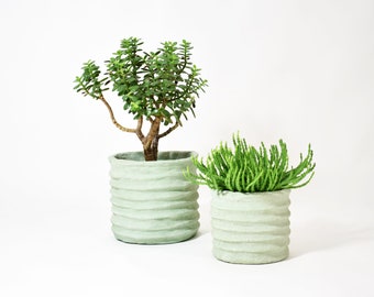 Large ribbed planter green rough concrete modern pot