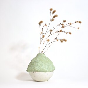 Round green cement vase, Rustic textured stone vase, Small concrete bud vase for dry flowers image 1