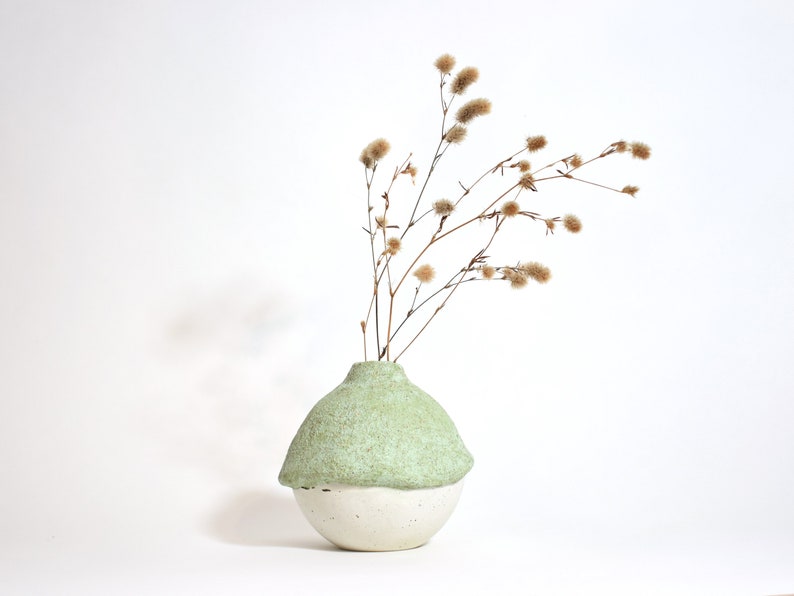 Round green cement vase, Rustic textured stone vase, Small concrete bud vase for dry flowers image 1