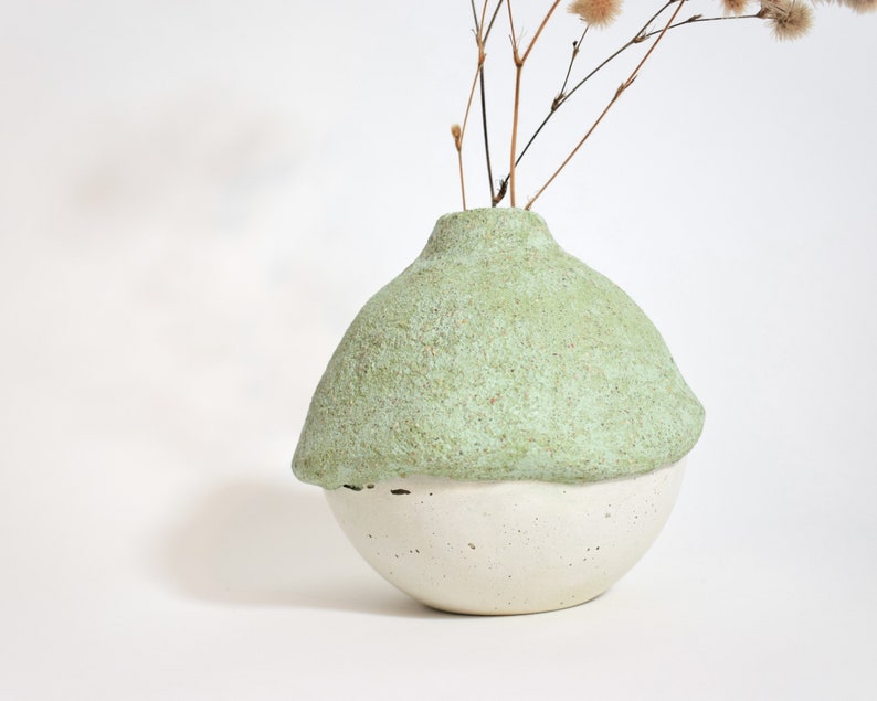 Round green cement vase, Rustic textured stone vase, Small concrete bud vase for dry flowers image 2