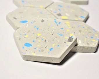 Set of 6 grey terrazzo hexagon concrete coasters blue yellow cement design