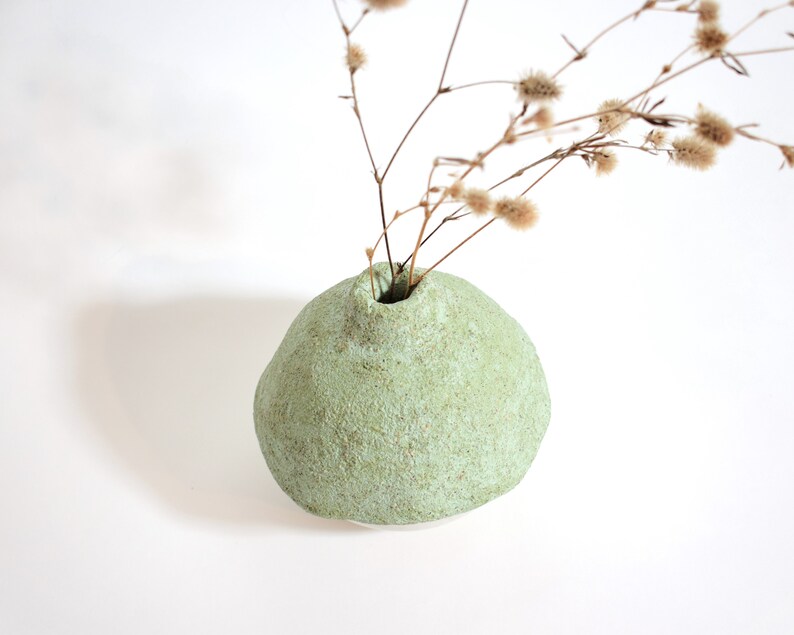 Round green cement vase, Rustic textured stone vase, Small concrete bud vase for dry flowers image 3