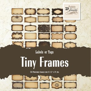 May include: Fifty printable images of tiny antique-style frames, each measuring 8 1/2 inches by 11 inches. The frames are in various shapes and sizes, with a distressed, vintage look. The frames are perfect for adding a touch of vintage charm to your projects.