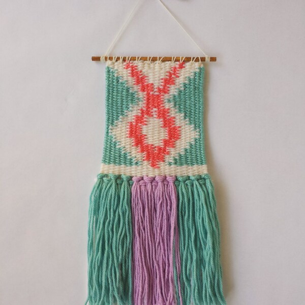 Woven Wall Hanging // Hand woven in White, Purple, Pink and Blue - weaving, tapestry, fringed, wall art, loom