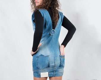 Dungaree dress women dungarees, denim mini dress from upcycled jeans, alternative fashion