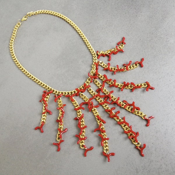 Collier chaîne bijoux gothiques colliers écologiques pour femmes, collier plastron à franges faux corail rouge bijoux d'été collier moderne