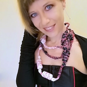 Long necklaces for women costume jewellery, fabric necklace sustainable, zero waste, textile art jewelry from upcycled fabric and wine corks