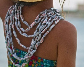 Multi strand beaded necklace from upcycled materials metal bottle lids