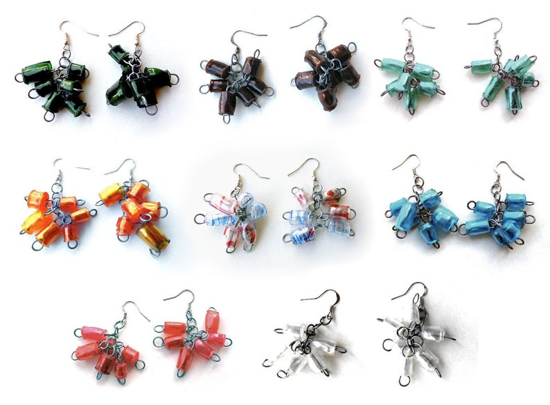 Beaded dangling earrings of Upcycled plastic handmade beads