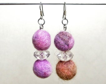 Dangle earrings set beaded jewelry handmade with handmade beads, asymmetric earring whit felted wool balls felt beads and recycled plastic