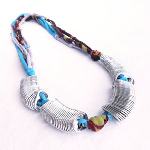Pull tabs textile necklaces for women, Fabric necklace Aluminium jewelry from Upcycled soda tabs ring pulls, costume jewellery rope necklace