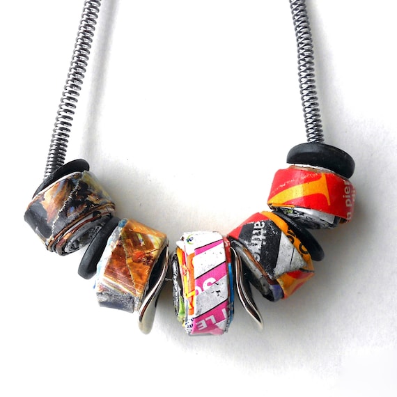 Handmade Upcycled Paper Bead Necklace, Sustainable Costume Jewelry